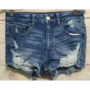 American Eagle Women's Hi Rise Shortie Denim Shorts Size 6 Distressed Frayed